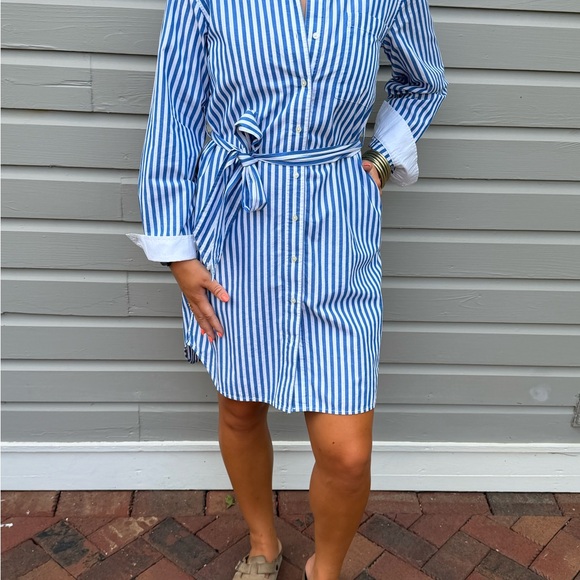 Free Assembly Dresses & Skirts - Striped Blue & White Collard Shirt Dress with Tie Waist Free Assembly